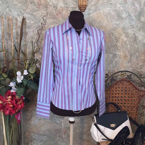 Ninety Tops - Ninety 🌹Shirt top blouse tunic striped shape flattering 4 button cuff